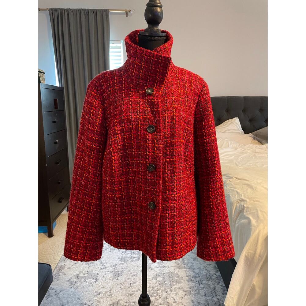Talbots Woman Tweed Jacket 1X Red Multi Funnel Neck Wool Blend Blazer Coat - Picture 4 of 5